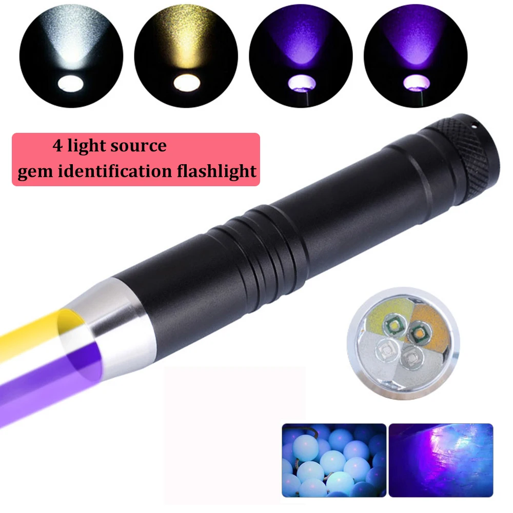 Portable 4 Light Source Flashlight White/Yellow/365NM/395NM UV Light Ultraviolet Torch Jade Inspection Gem Identification Lamp