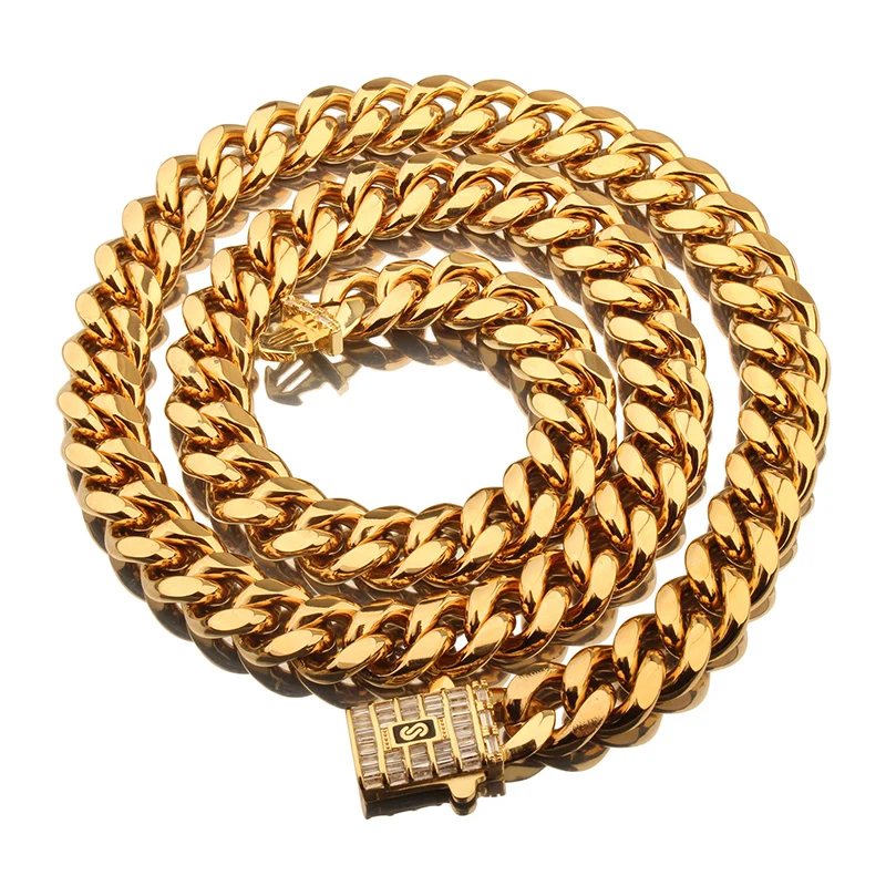 Hip Hop Cubic Zircon Bling Iced Out Gold Color Stainless Steel Cuban Miami Chains Necklaces Link Chain for Men Rapper Jewelry