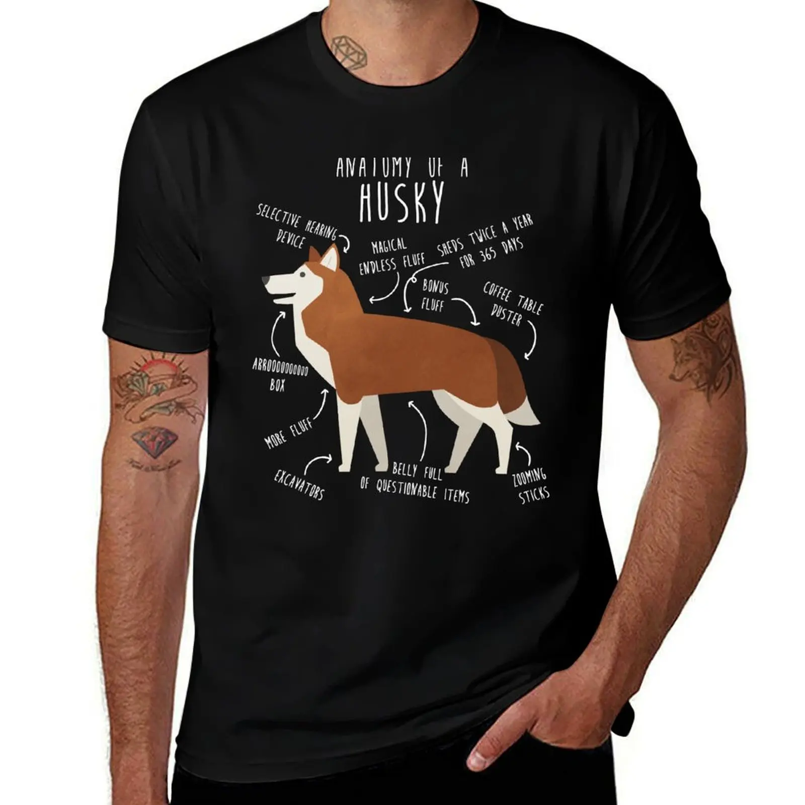 Red Siberian Husky Dog Anatomy T-Shirt Heavy Duty Casual Work Tee T-Shirt