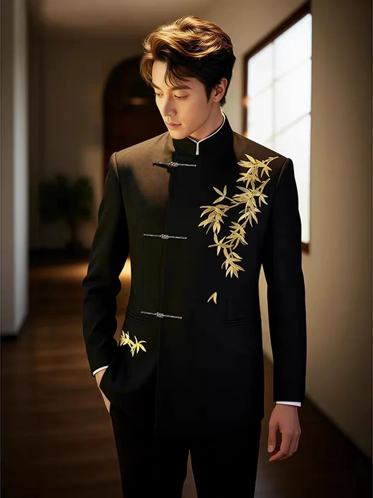 

Новый мужской свадебный костюм в китайском стиле: официальная одежда с вышивкой золотым бамбуком, воротник-стойка, дышащий повседневный пиджак