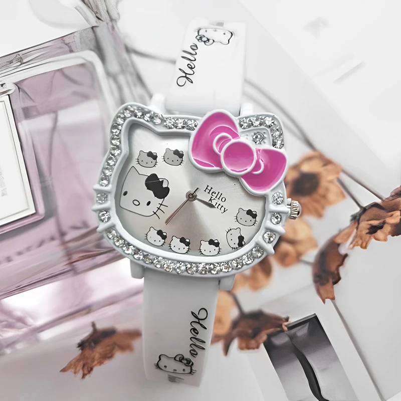 Miniso Anime Cartoon Sanrio Hello Kitty Hoofd Siliconen Diamant Quartz Meisjes Student Horloge Kinderen Kids Horloge Verjaardagscadeautjes