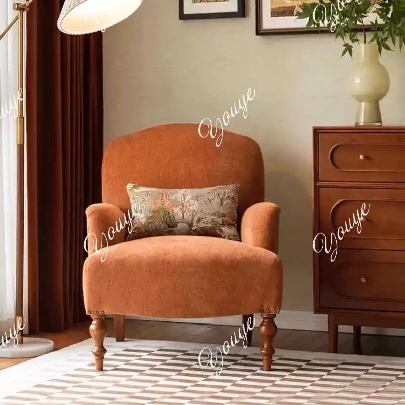 

American solid wood retro single sofa chair living room balcony casual French light luxury solid wood fabric