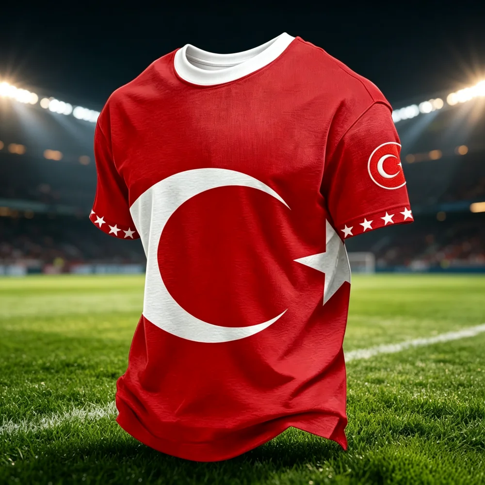 Men Turkey Football Jersey 3D Printed National Flag  Red Short Sleeve Soccer Shirt  Fan Sports Training Jersey Family Kids Tees
