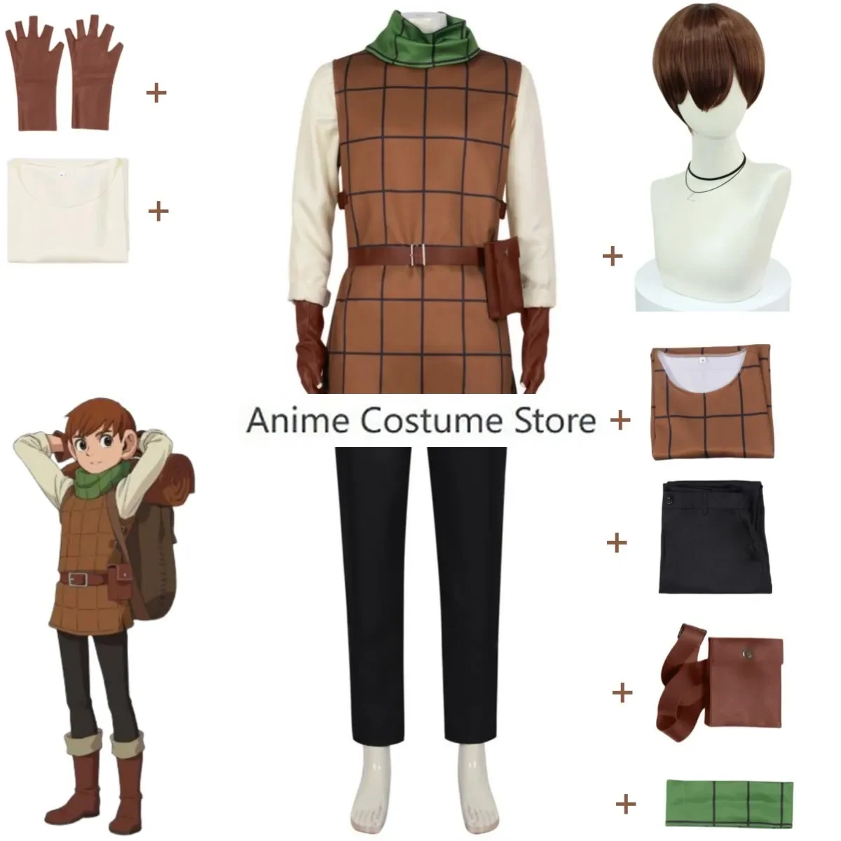 Anime Delicious in Dungeon Chilchuck Tims Cosplay Costume Brown Lattice Vest Tops Uniform Adult Man Halloween Carnival Suit