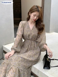 Chic Korean Clothes Design 2022 Autumn Spring Womens V Neck Elegant Lady Floral Printed Retro Vintage Long Maxi Dress