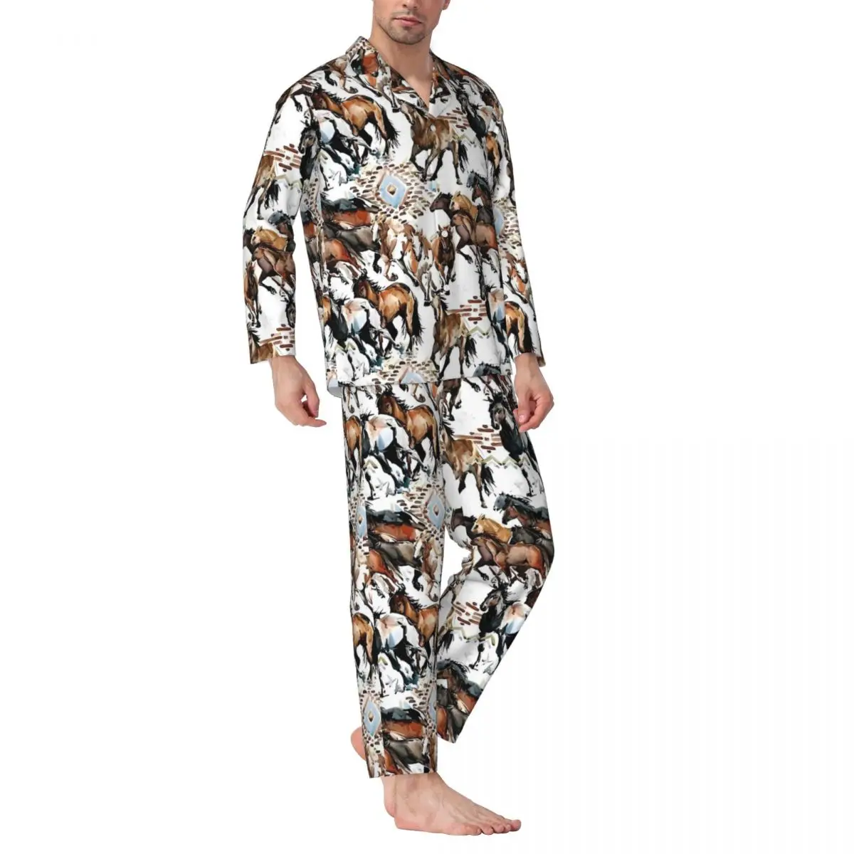 Watercolor Horse Pajamas Men Retro Print Cute Soft Room Nightwear Autumn Two Piece Vintage Oversize Printed Pajama Sets