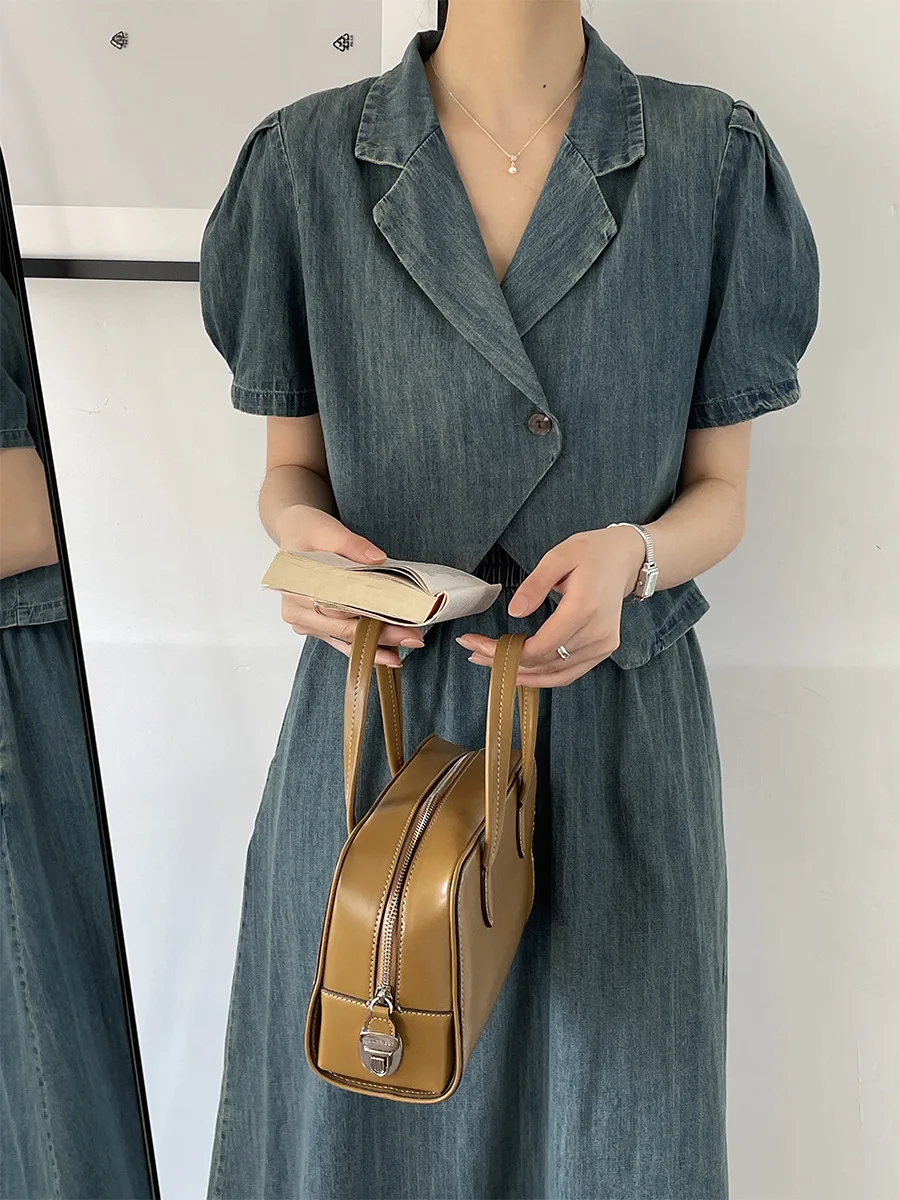 Gentle Women Denim Suits V-neck Bubble Sleeves Top And Elastic Waist Mid-Calf Skirt 2023 Summer Female Casual Two Piece Sets