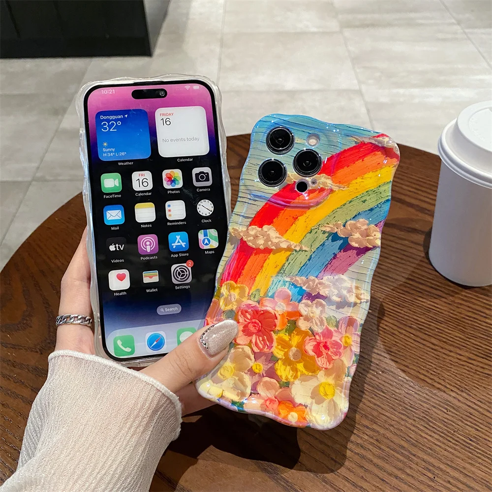 Ottwn Twisted Edge Laser Rainbow Clouds Flowers Phone Case For iPhone 11 12 14 15 Pro Max Plus Soft Shockproof Back Bumper Cover