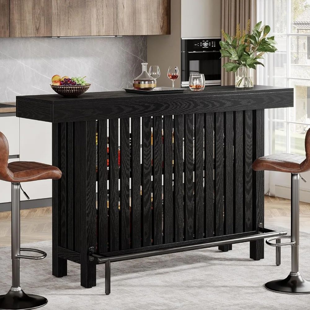 

63-Inch Large Home Bar Unit, 2-Tier Mini Bar Table Height Pub Table with Footrest, Modern Black Coffee Bar Cabinet for Home Kit