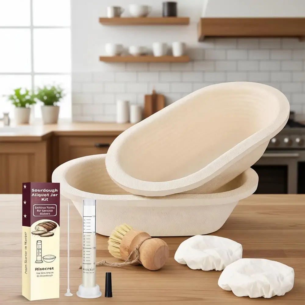 

Набор из 10 овальных деревянных корзин для расстойки хлеба (2 корзины для расстойки и мерная банка), с закваской для хлеба в комплекте