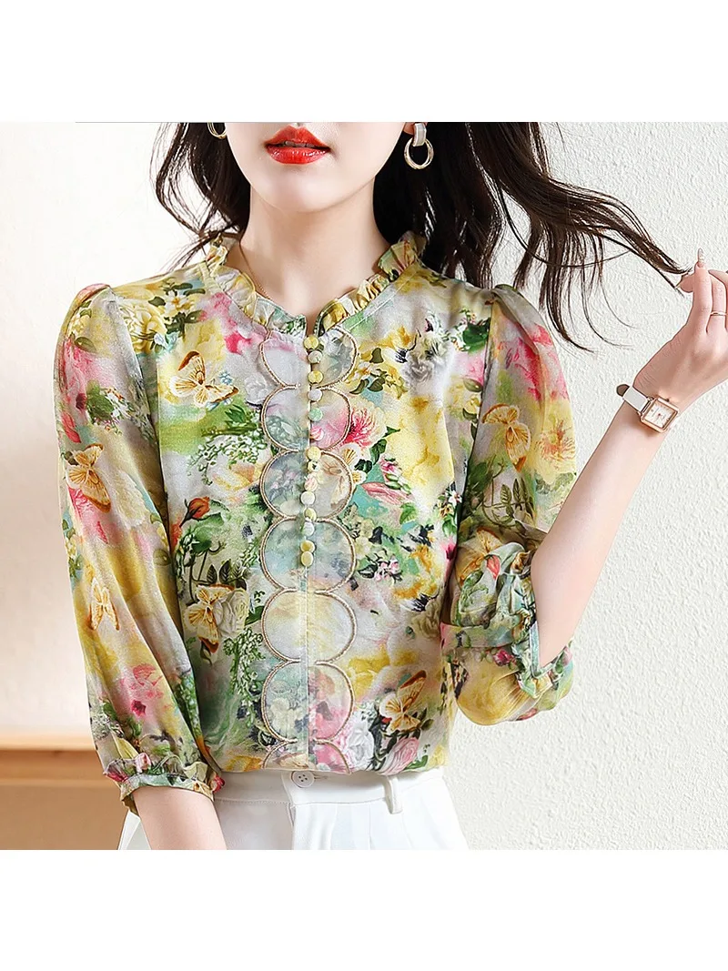 Women\'s Fashion Shirt Summer Korean Edition High end Thin Style Elegance Slimming Print Lantern Middle Sleeve Shirt for Women