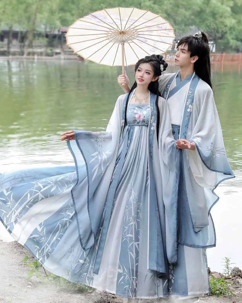 Chinese Hanfu Costume Men&Women Halloween Carnival Cosplay Costume Couples Party Outfit Ancient Blue Printed Hanfu Dress Large