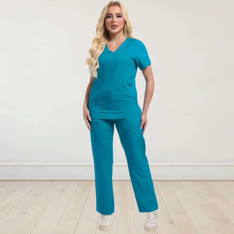 Black Workwear Surgical Uniforms Jogger Suit Nurse Scrubs Set Medical Clinical Clothes Doctor Nursing Uniforms Pockets Top Pants