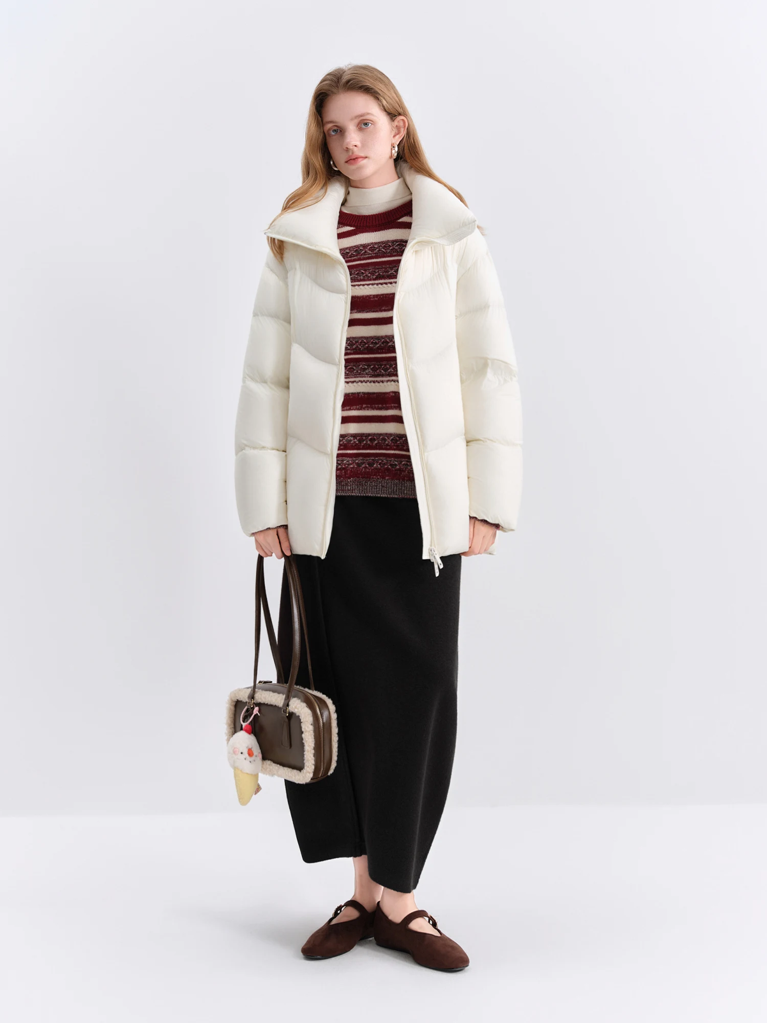 FSLE Miscela di lana Tweed Petalo floreale ispessito Donna Autunno Inverno 2025 Nuovo arrivo Gonna a mezza lunghezza appropriata per ufficio in lana