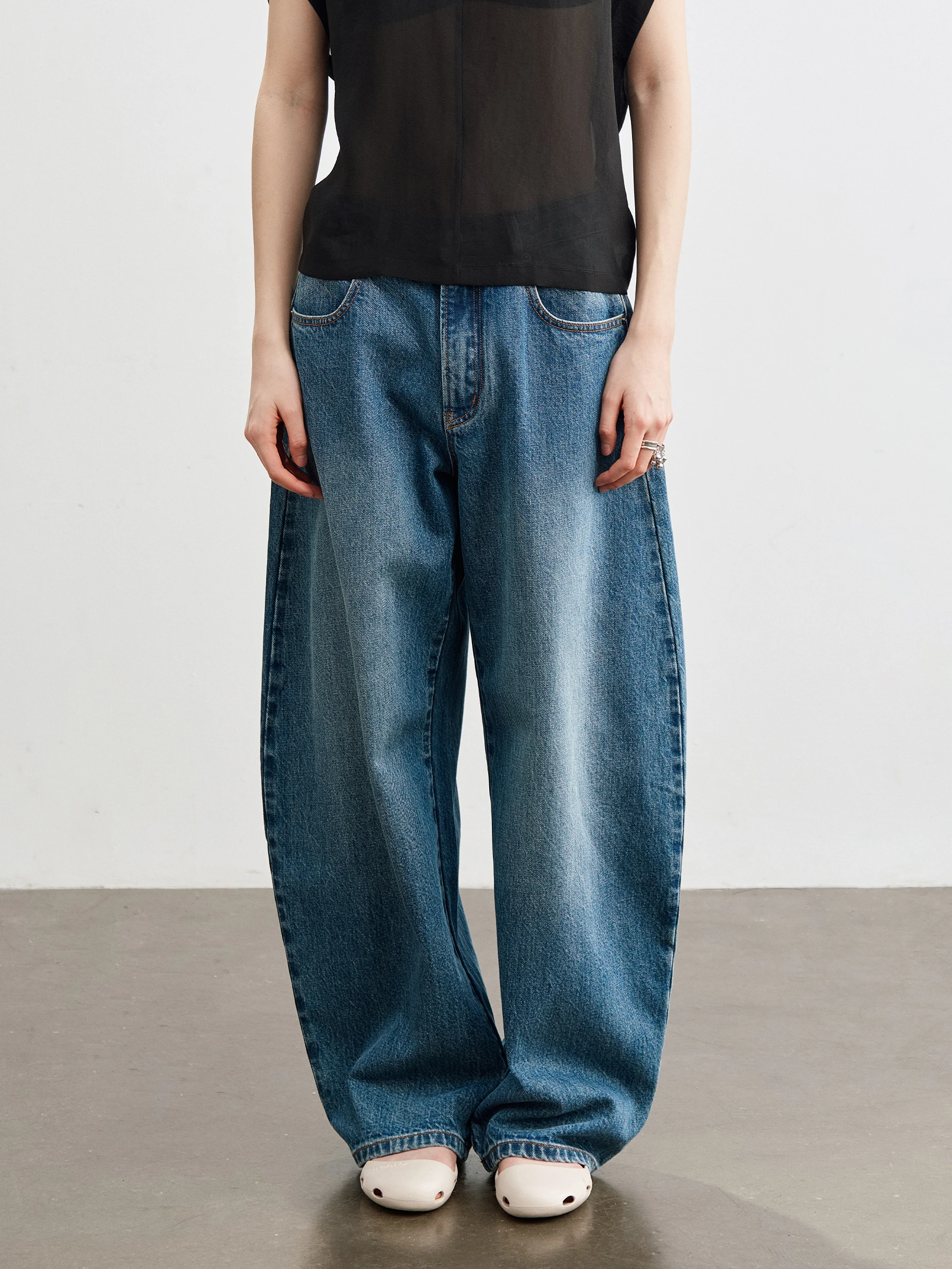 

SHKUCO Vintage Washed Blue Cotton Jeans Loose Low Waist Knife Denim Pants Unisex Comfortable Fit Classic Style