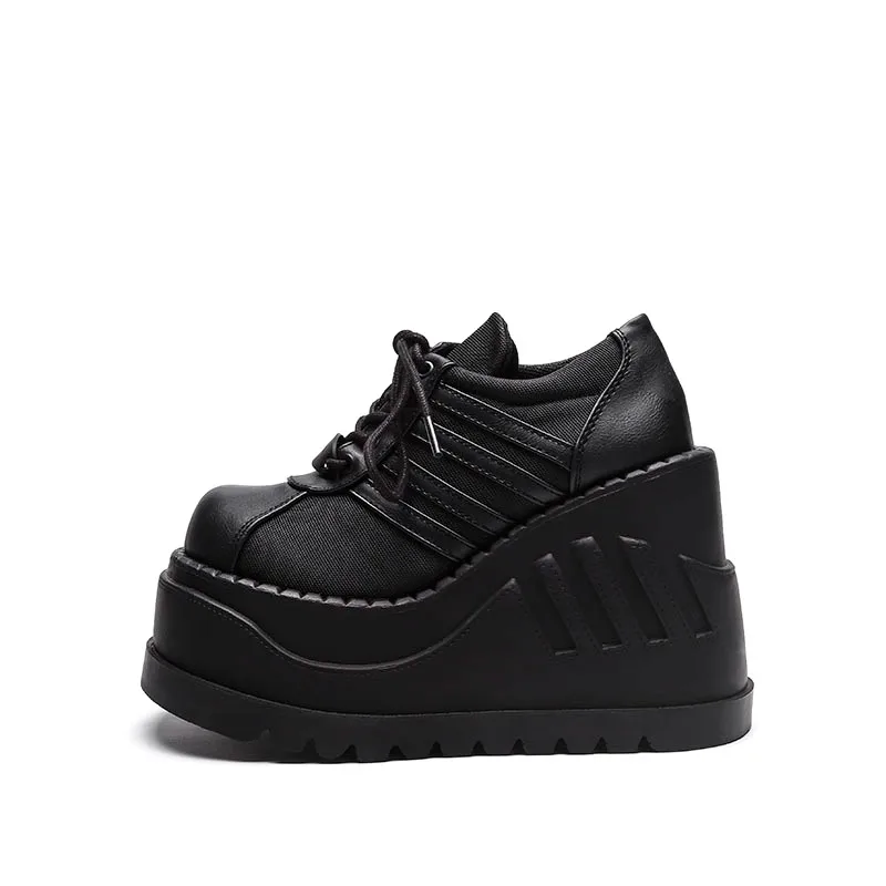 

Punk Leather Wedge High Heel Lace Up Shoes for Women Super High Rise Thick Soled Shoes Dark Gothic Big Toe Shoes Lolita Shoes