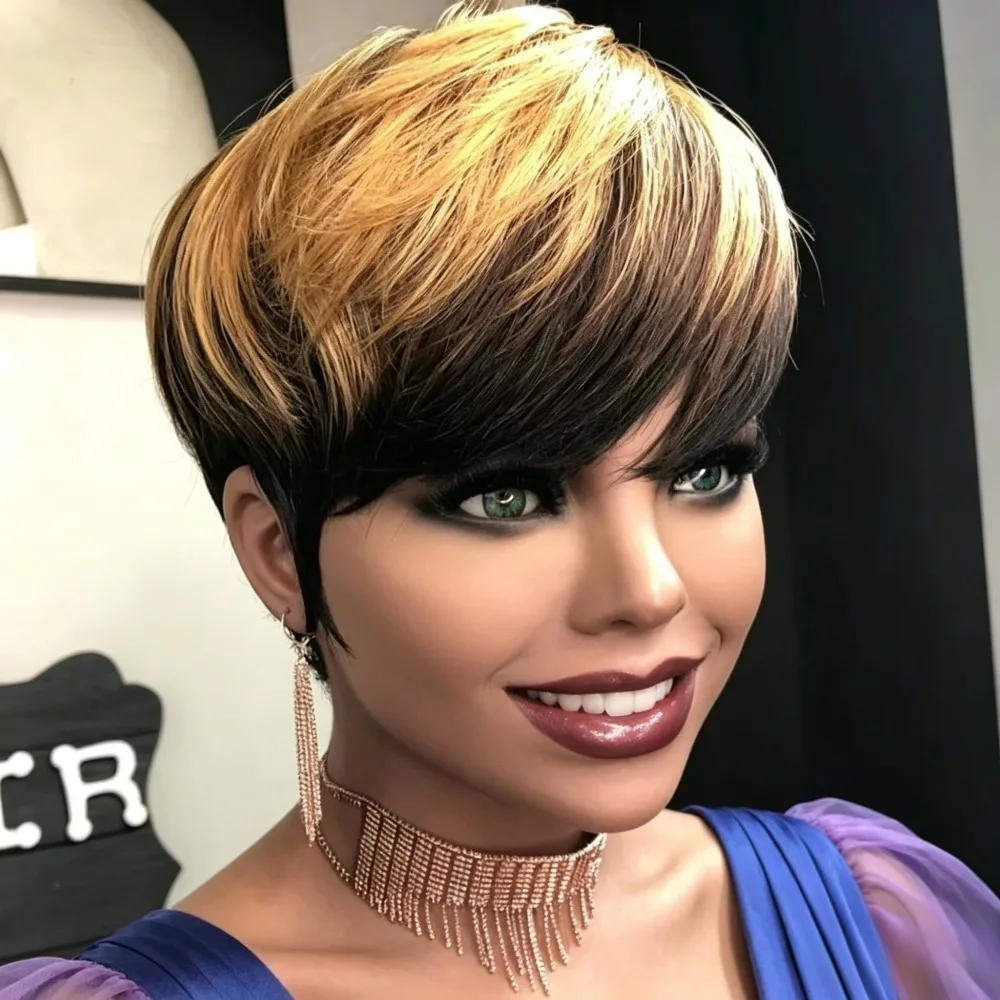 Short Pixie Cut Wigs With Bangs Highlight Black Blonde Ombre 1B/4/27 150% Density Real Human Hair Machine Made Fashion Wigs For