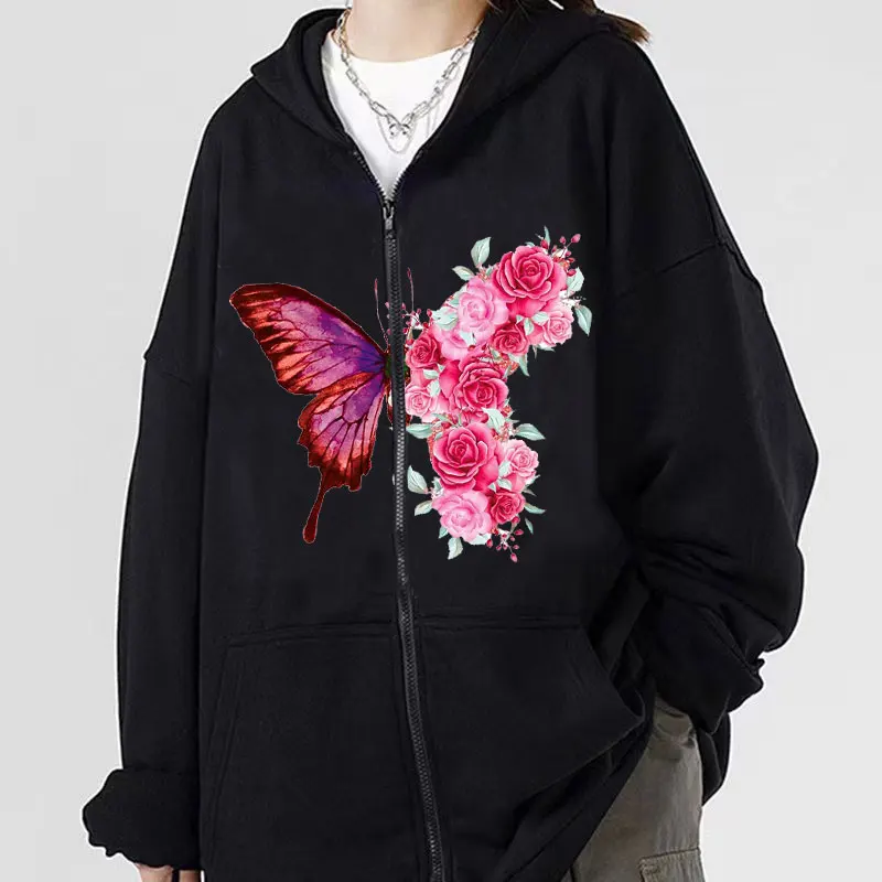 Harajuku Women Hoodies Autumn Winter Punk Butterfly Printed Long Sleeve Loose Zipper Jacket Coat Female Oversized Sweatshirt