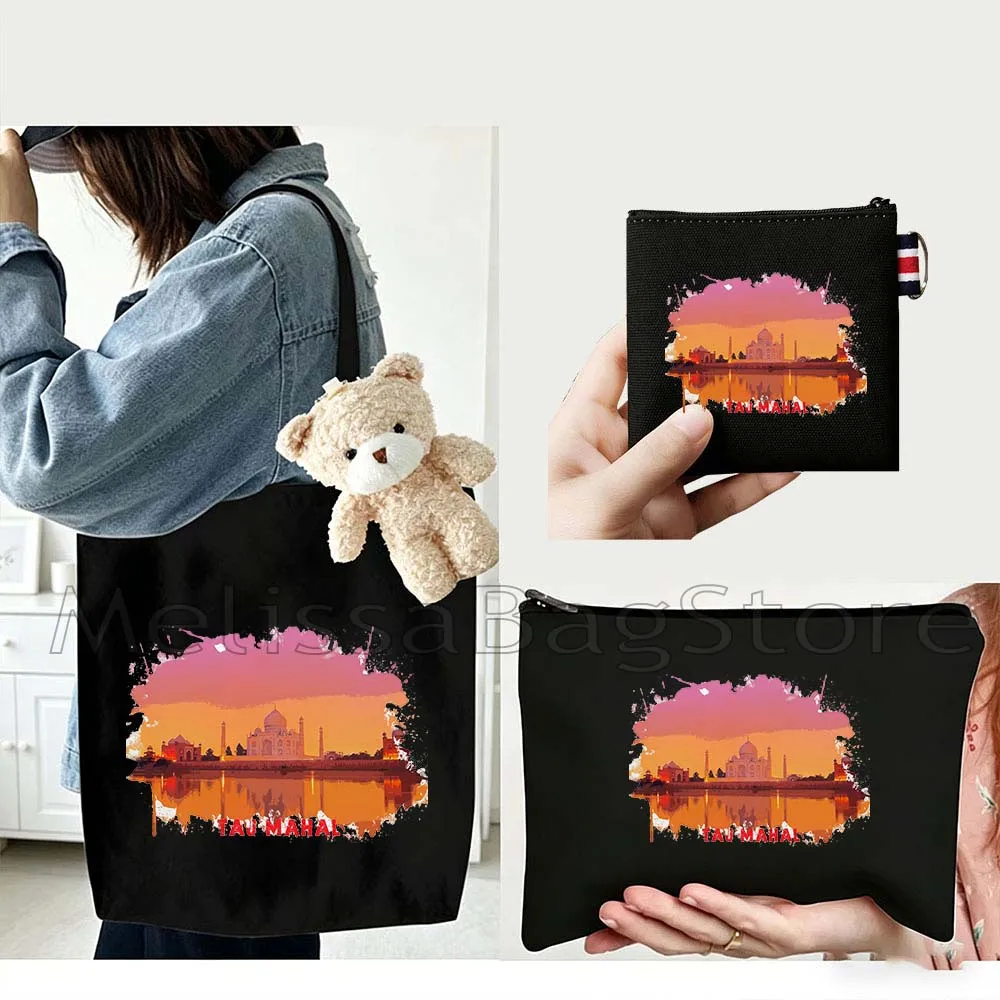 4PCS Gifts Set Taj Mahal India White Canvas Tote Bag Handbag with Doll Key Coin Purse Cosmetic Makeup Toilet Bag Case Pouch