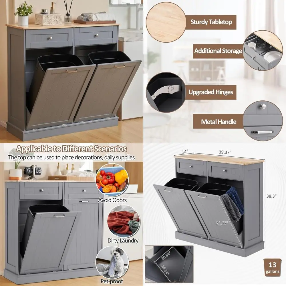 

Двойной наклонный шкаф для мусорного бака с переработкой на 2x13 галлонов и выдвижным ящиком для кухни