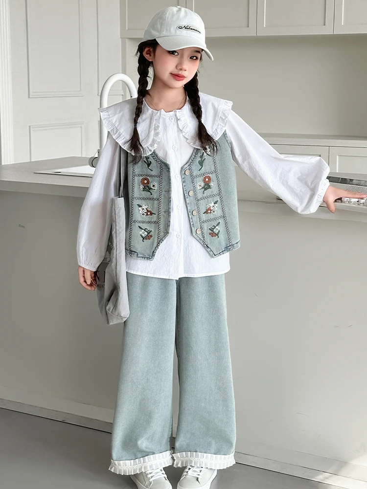 

Trendy Girls Denim Set Spring Faion 2025 Tee-piece Cotton Long Sve Long Pants Casual Chic Outfit for Younger Women