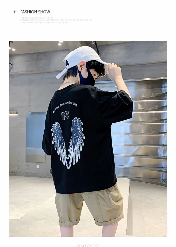 Neues Modisches Tween-Jungen-Sommer-T-Shirt mit Flügeln auf dem Rücken Kinder Teenager Kurzarm-T-Shirt Outfit Kinder Casual Streetwear Top – Detail 7