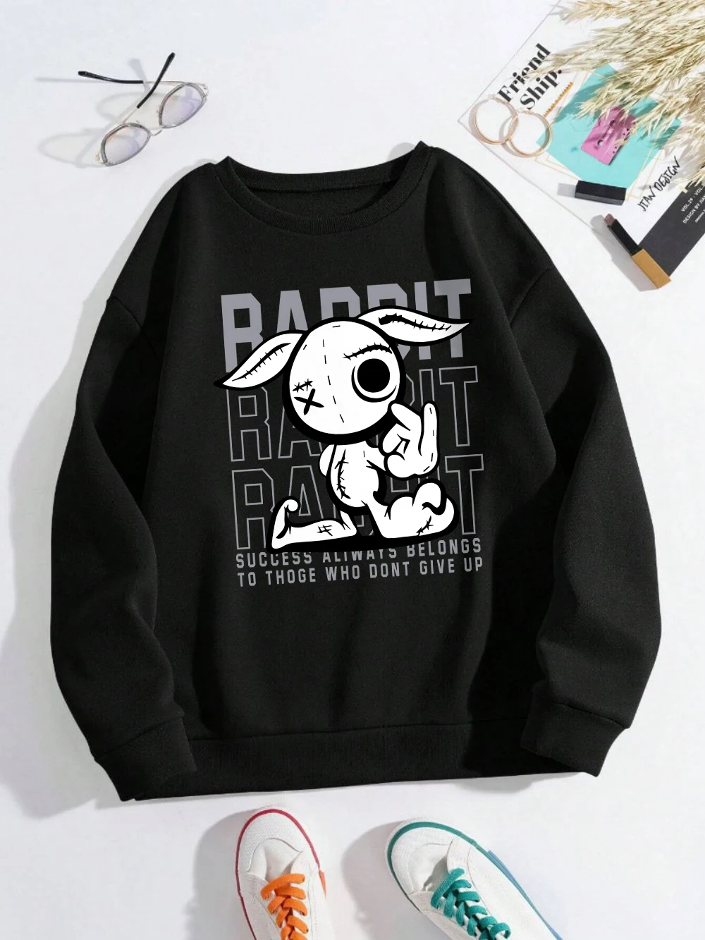 

Cool Rabbit Sweatshirts Womens Cartoons Letter Prints Hoodies Loose Fleece Warm Crewneck Clothes Winter Sporty Womans Pullover