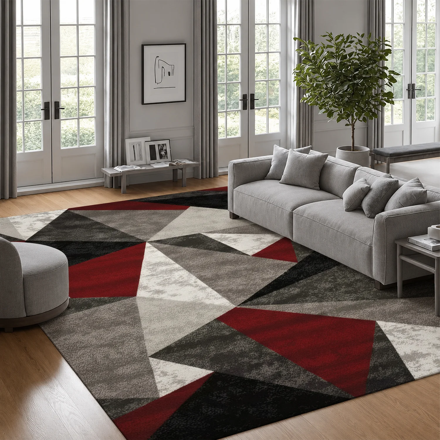 Large Indoor Area Rug, Soft Velvet Low Pile Non-Slip Dotted Backing, Machine Washable Modern Geometric Triangle Pattern in Red Gray Black for Living Room Bedroom Contemporary Home Decor