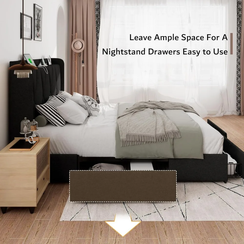 إطار سرير تخزين منجد بالحجم الكامل مع 4 أدراج، وسرير حديث بمنصة مجنح مع محطة شحن