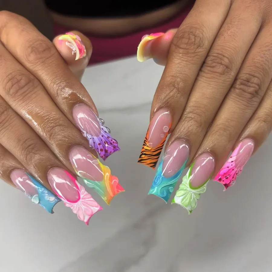 

24PCS Y2K Colorful Fake Nails with Long Square Nude 3D Floral Rainbow Tiger Print Bold Nail Art Sweet Cool French Nails Press On