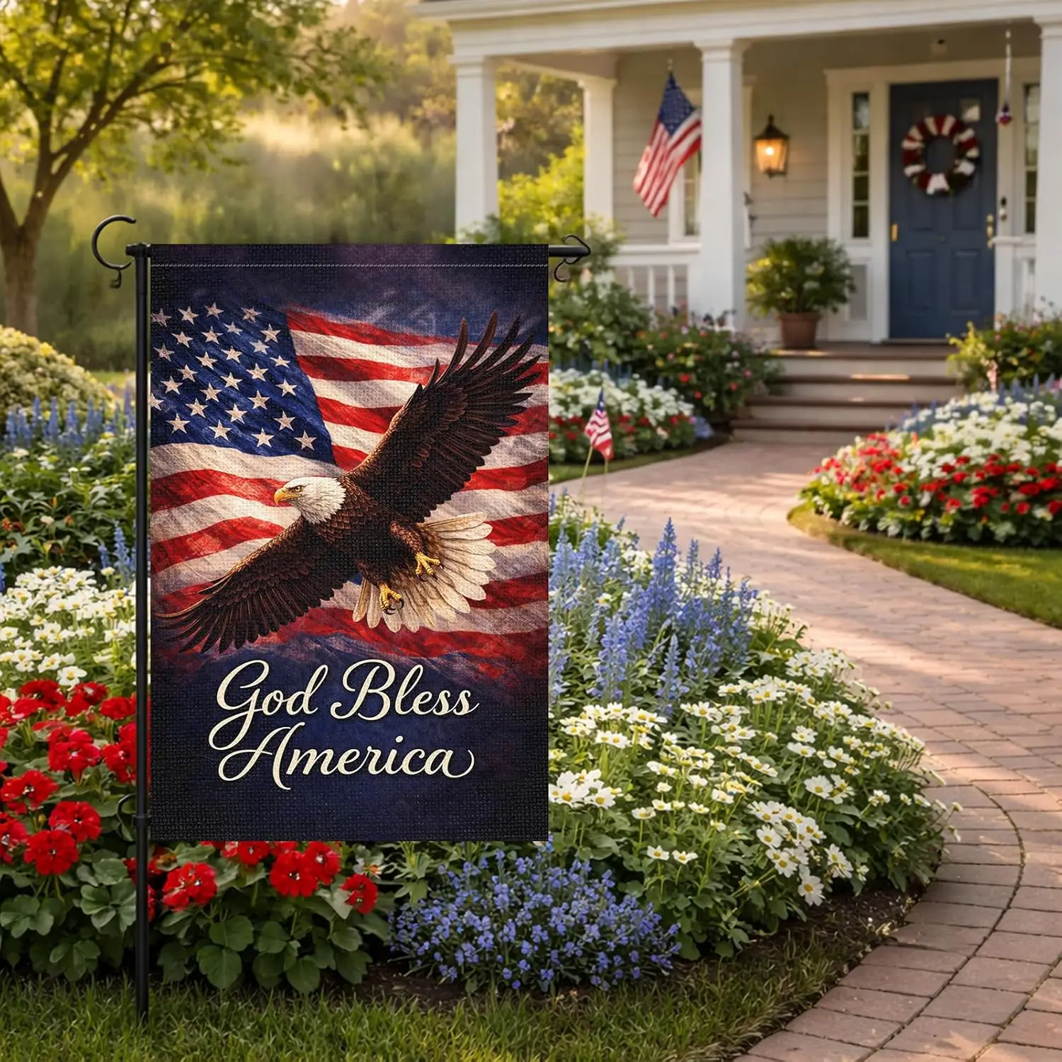 Heyfibro God Bless America Garden Flag- Double Sided 12x18 Inch Patriotic Bald Eagle House Flag for Porch, Yard, 4th of July AAS