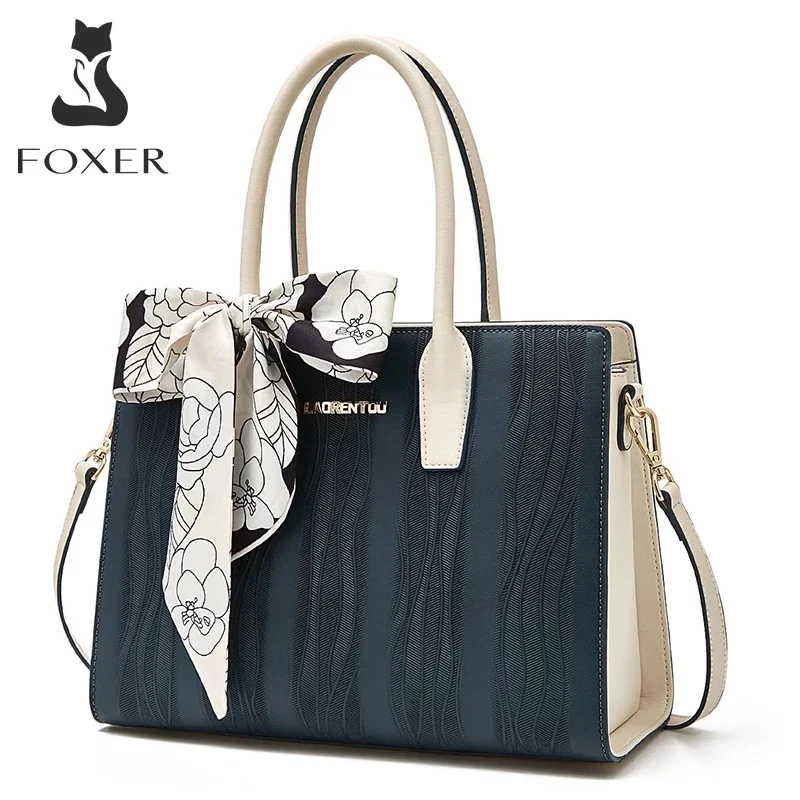 FOXER Chic Women's Silk Scarf Handbag Split Leather Crossbody Shoulder Bag Lady Office Large Capacity Top Handle Bag Medium Tote