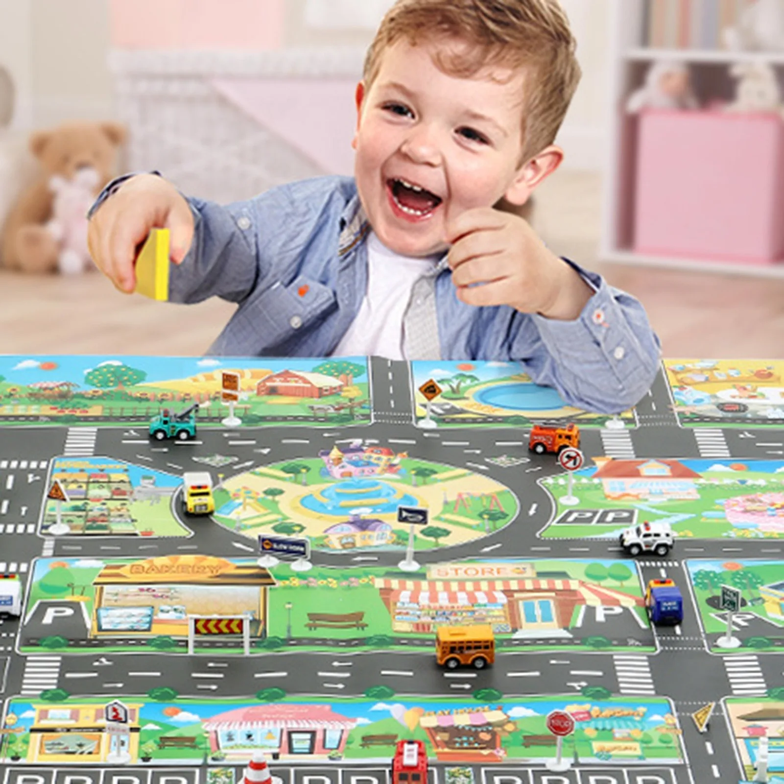 3D City Playmat for Kids Educational Interactive Rug with Free 6 Alloy Car Models & Traffic Signs Toddler Carpet