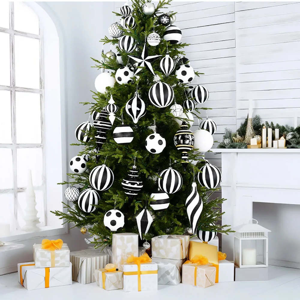 1-6pcs Black White Hand-Painted Christmas Decoration Balls Christmas Tree Ornaments Ball Hanging Pendants 8-30cm New Year Gifts