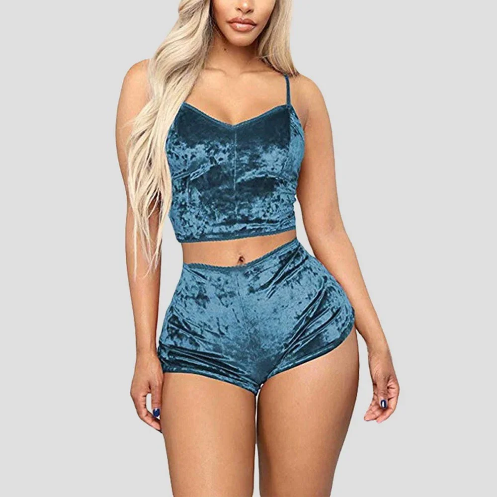 2 teile/satz Damen Samt Polyester bequeme V-Ausschnitt Unterwäsche Crop Top Shorts Pyjama Set Homewear ärmellose Top Shorts Camis – Detail 6