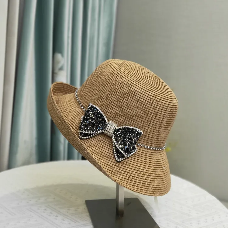 Designer bowler hat Fashion bow rhinestone beach hat UV protection sun visor Sun hat Sun protection