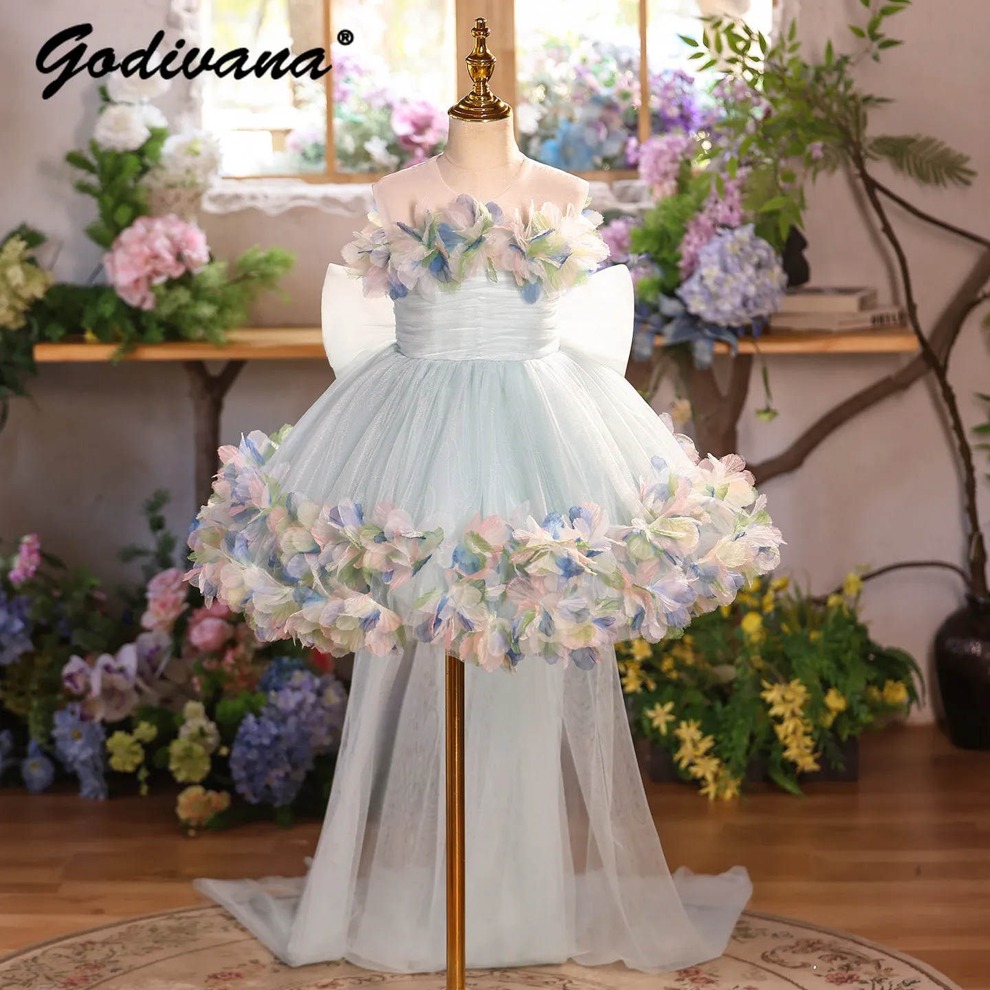 

Sweet Baby Girls Flower Girl Princess Dress Kids Elegant 3D Floral Sleeveless O-neck Bow Train Birthday Host Runway Show Gown