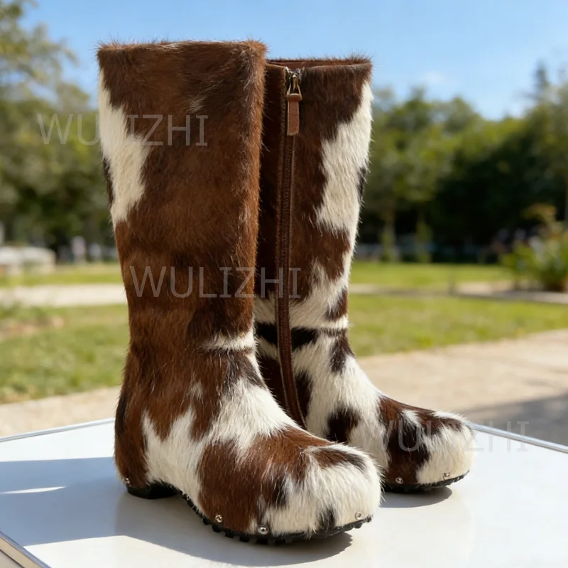Dark Brown Cow Print White Pony Hair Boots Patchwork Round Flat Knee Casual Street Mixed Colors Graffiti Zip Women Spring Shoes