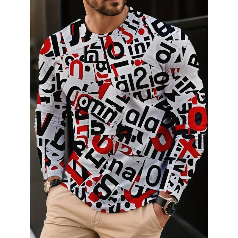 3D Printed Alphabet Puzzle T Shirt For Men Abstract Colorful Pattern Tees Autumn Casual Long Sleeves O-Neck Tops Loose T-Shirts
