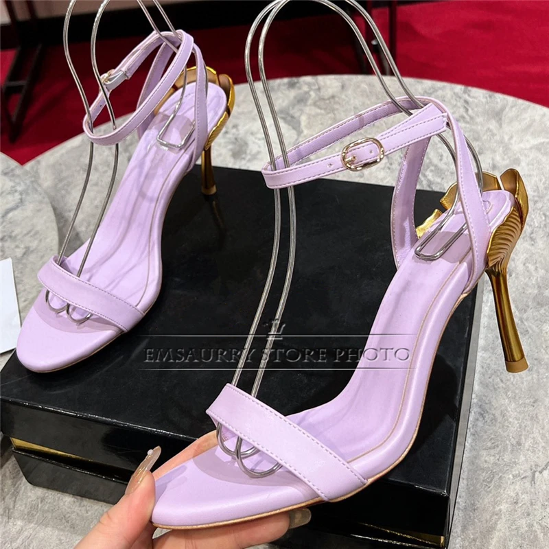 Sandali con tacco strano petaloide individuale donna scarpe da festa in stile conciso con un cinturino in vera pelle estate