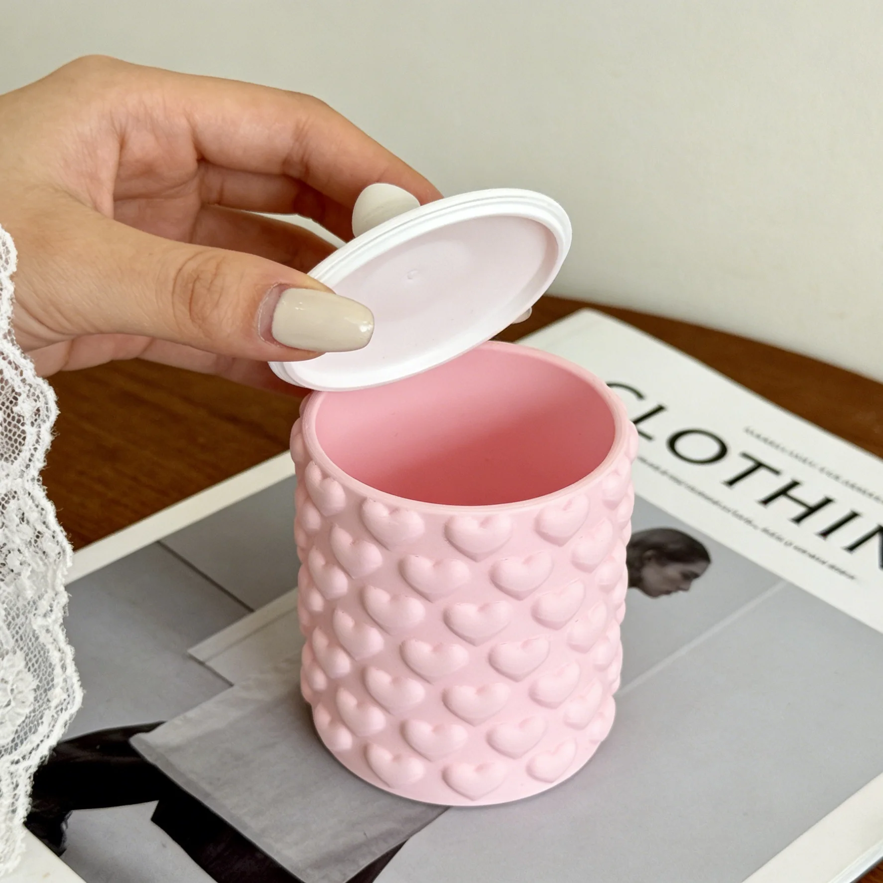 Heart Embossed Cotton Pad Holder, Lidded Bathroom Organizer, Cute Storage Jar for Swabs, Toothpicks & Vanity Essentials