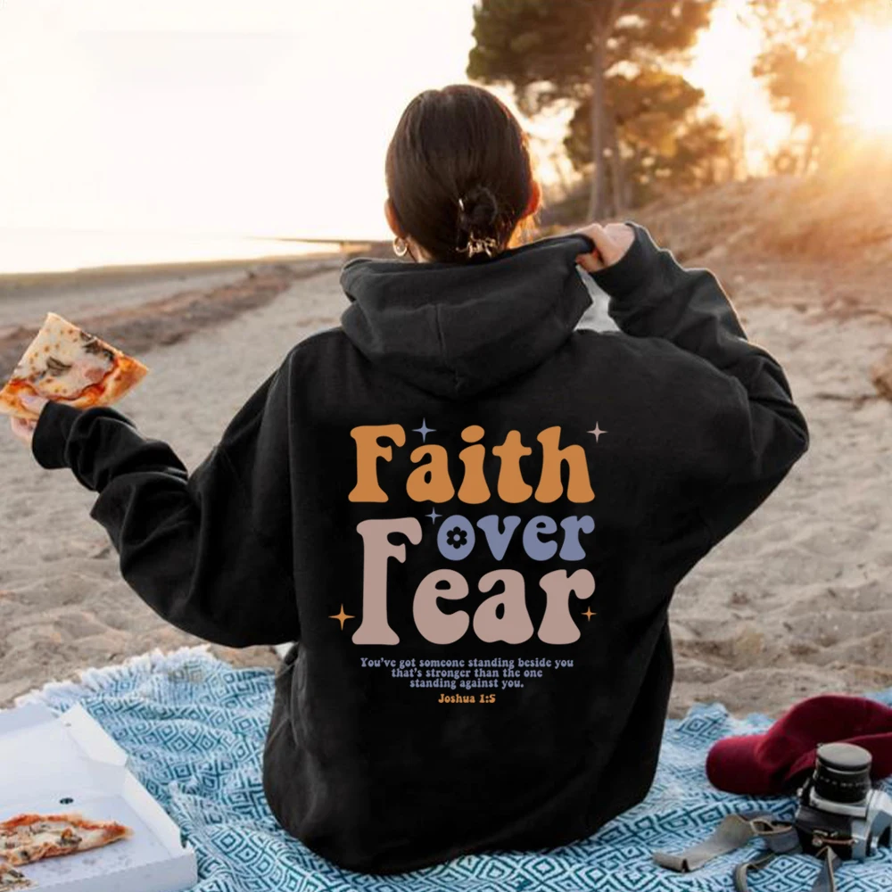 

Vintage Faith Over Fear Christian Hoodie Faith Hooded Sweatshirt Jesus Religious Pullover Trendy Bible Verse Aesthetic Hoodies