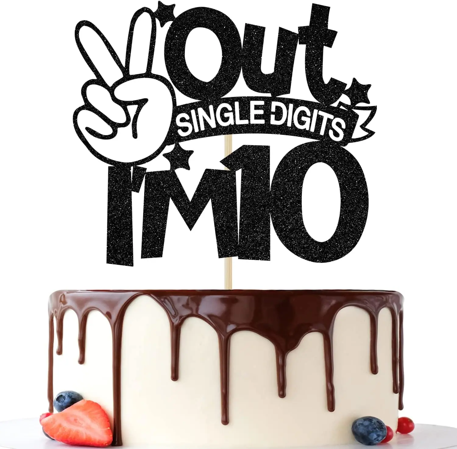 1 Pack Out Single Digits I\'m 10 Cake Topper, Double Digits 10, for Boys Girls 10th Birthday Decorations Black Glitter