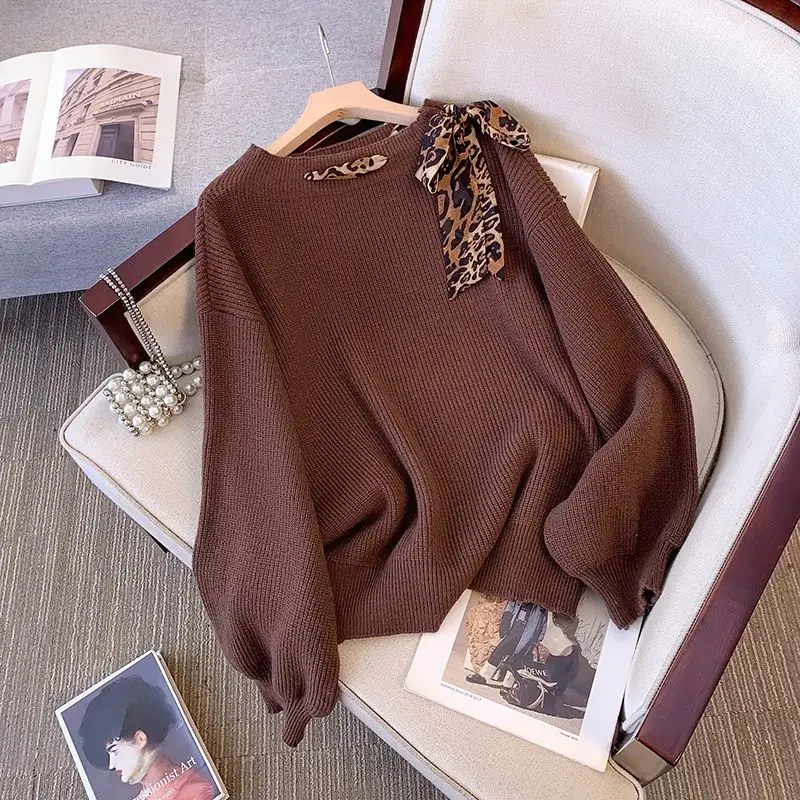 Leopard Print Bow Women\'s Chic Pullovers 2024 Vintage Elegant Autumn New Style Lazy Style Loose and Slimming All-match Sweaters