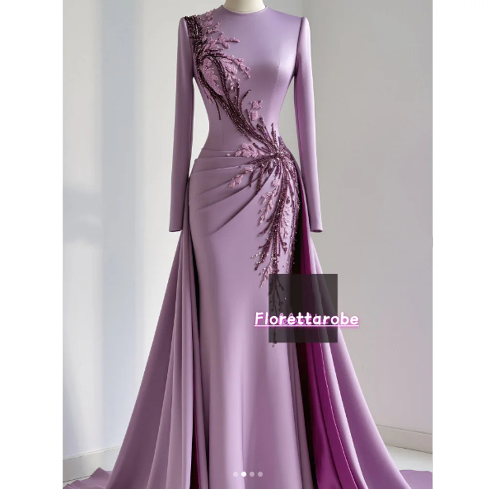 Florettarobe Exquisite Purple Satin Sequined Appliques Pleat  High Collar Long Midi Dress Bespoke Occasion 4 styles Customized