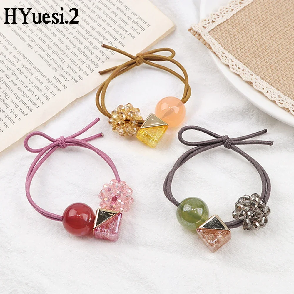 Sweet Round Crystal Beaded Hair Ties Transparent Geometric Square Charms Hair Rope Women Girls Elastic Ponytail Rubber Bands