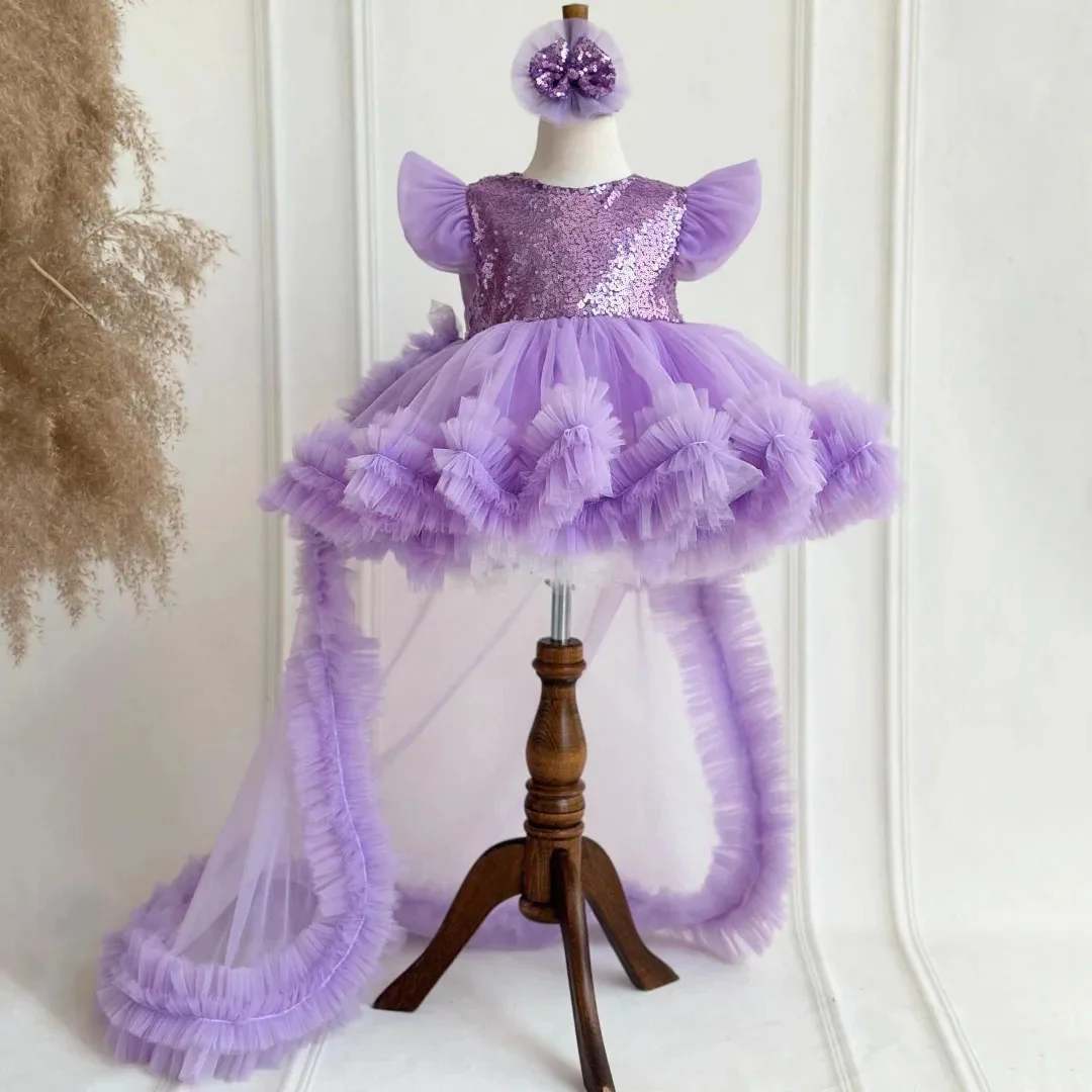 فستان فتاة الزهور مخصص أرجواني ترتر تول متدرج مع فيونكة وزائدة لحفلات الزفاف وأعياد الميلاد وحفلات التواصل المقدس #2