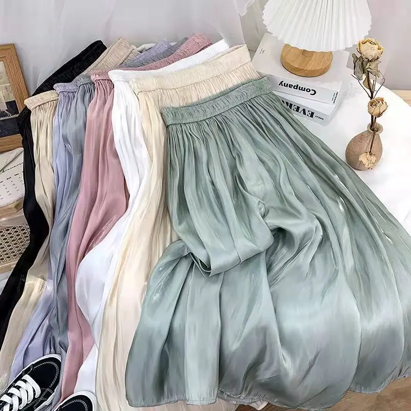 

Woman Solid Elastic High Waist Skirts Ladies Fashion A-Line Midi Skirt Summer Style Casual Temperament Pleated Skirt Female Q74