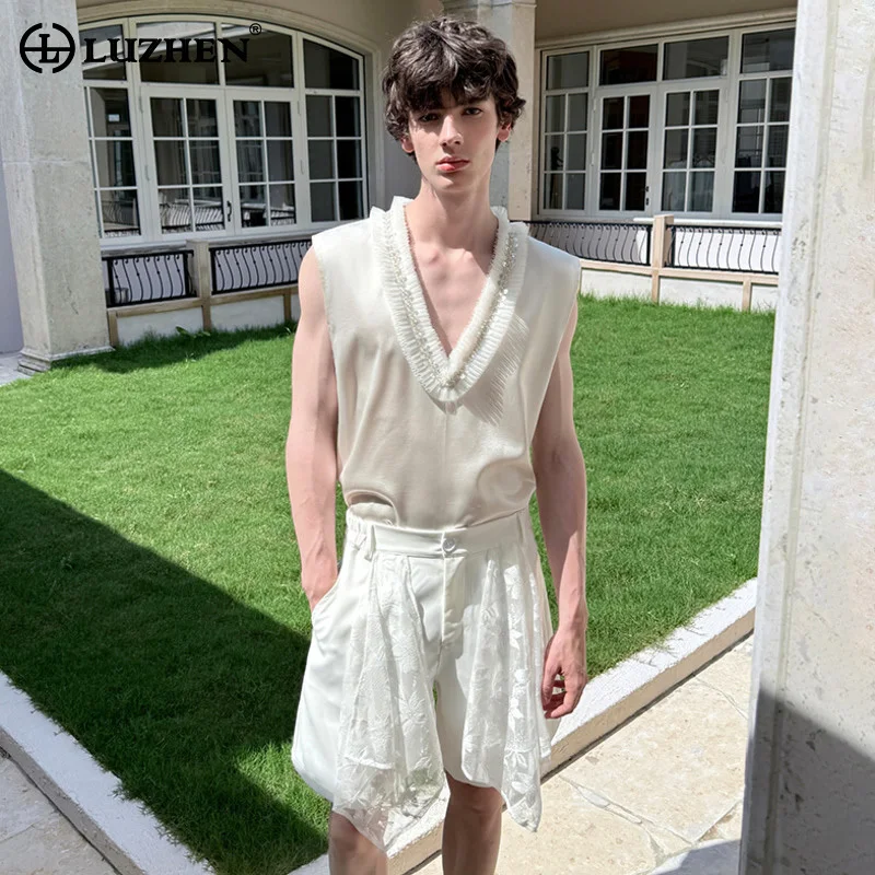 

LUZHEN 2025 Summer Sequin Patchwork Decorate Big V Neck Sleeveless T-shirts Men's Fashion Elegant Luxury Casual Tank Tops JY3151
