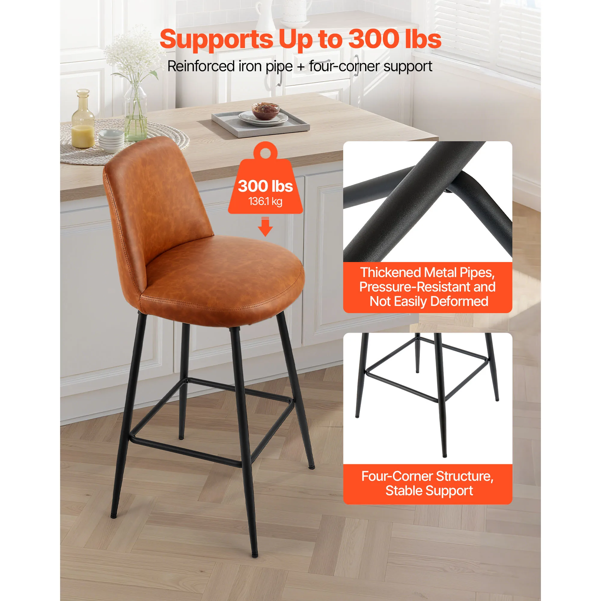Bar Stool Set of 2, 27 inch Counter Height Swivel Stools, Modern PU Leather Counter Barstool with Backrest and Metal Legs, Armless Bar Chair, Island Barstool for Kitchen, Dining Room, Brown